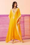 Sureena Chowdhri_Yellow Muslin Embroidered Dori Deep V Neck Yoke Kaftan_Online_at_Aza_Fashions