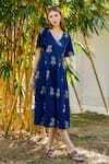 Missprint_Blue Cotton Printed Floral V Neck Dress For Women_Online_at_Aza_Fashions