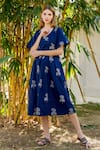 Missprint_Blue Cotton Printed Floral V Neck Dress For Women_at_Aza_Fashions