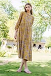 Missprint_Yellow Cotton Printed Floral Round Dress For Women_at_Aza_Fashions
