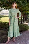 Buy_Missprint_Green Cotton Printed Floral Shirt Collar Tiered Dress _Online_at_Aza_Fashions