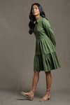 Ritu Kumar_Green Cotton Satin Plain Collared Neck Ruffled Hem Shirt Dress _Online_at_Aza_Fashions