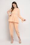 Buy_Monk & Mei_Peach Farah Velvet Flared Jacket And Dhoti Pant Set_Online_at_Aza_Fashions