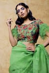 Shilpi Gupta_Green Organza Beads, Embroidery Boat Neck Saree With Abstract Blouse _Online_at_Aza_Fashions