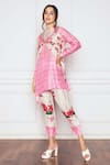 Sakshi Girri_Pink Dupion Silk Printed Floral And Vintage Asymmetric Tunic & Pant Set  _Online_at_Aza_Fashions