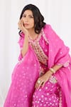 Buy_Koashee By Shubitaa_Pink Silk, Organza Embroidery, Sequins Round Neck Zardozi Sharara Set _Online_at_Aza_Fashions