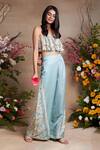 SHASHA GABA_Blue Vis Chanderi Printed Floral Tube Neck Charm Top And Flared Pant Set _Online_at_Aza_Fashions