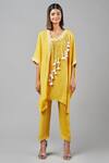 Inej_Yellow Rayon Tassels Asymmetric Draped Paisley Embroidered Kaftan With Pant_Online_at_Aza_Fashions