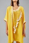 Shop_Inej_Yellow Rayon Tassels Asymmetric Draped Paisley Embroidered Kaftan With Pant_Online_at_Aza_Fashions