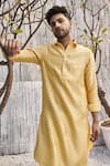 Charkhee_Yellow Jacket And Kurta  Dobby Cotton Hand Embroidered Sleeveless Bundi & Set _Online_at_Aza_Fashions