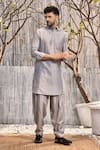 Buy_Charkhee_Grey Jacket And Kurta  Chanderi Hand Embroidered Beads Bundi & Set _Online_at_Aza_Fashions