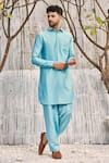 Charkhee_Blue Chanderi, , Satin Pathani Kurta And Salwar Set _Online_at_Aza_Fashions