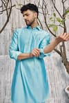 Buy_Charkhee_Blue Chanderi, , Satin Pathani Kurta And Salwar Set _Online_at_Aza_Fashions