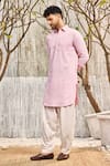 Charkhee_Pink Kurta  Dobby Cotton Solid Full Sleeve Pathani And Salwar Set _Online_at_Aza_Fashions