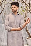 Charkhee_Grey Kurta  Schiffli Solid Pathani And Salwar Set _Online_at_Aza_Fashions