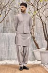 Shop_Charkhee_Grey Kurta  Schiffli Solid Pathani And Salwar Set _Online_at_Aza_Fashions