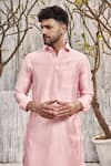 Charkhee_Pink Kurta  Dobby Cotton Solid Mandarin Collar Pathani And Salwar Set _Online_at_Aza_Fashions