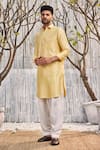 Charkhee Yellow Chanderi, , Satin Full Sleeve Pathani Kurta And Salwar Set Online at Aza Fashions Charkhee_Yellow Chanderi, , Satin Full Sleeve Pathani Kurta And Salwar Set _Online_at_Aza_Fashions