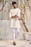 Charkhee_Off White Kurta  Dobby Cotton Solid Mandarin Collar Short And Salwar Set _Online_at_Aza_Fashions