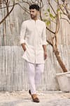 Buy_Charkhee_Off White Dobby Cotton Solid Mandarin Collar Short Kurta _Online_at_Aza_Fashions