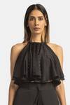 431-88 By Shweta Kapur_Black Satin Rhinestones Halter Neck Star Ruffle Embellished Top _Online_at_Aza_Fashions