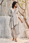 Charkhee_Grey Kurta Chanderi Embellished Crochet Lace Work Side Wrap Jacket And Salwar Set _Online_at_Aza_Fashions