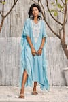 Charkhee_Blue Kaftan Dobby Cotton Embellished Crochet Patch Work V Neck Stripe Pattern _Online_at_Aza_Fashions