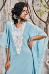 Buy_Charkhee_Blue Kaftan Dobby Cotton Embellished Crochet Patch Work V Neck Stripe Pattern _Online_at_Aza_Fashions