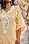 Charkhee Yellow Cotton Beads, Cut Work V-neck Stripe Pattern Embellished Kaftan Online at Aza Fashions Charkhee_Yellow Cotton Beads, Cut Work V-neck Stripe Pattern Embellished Kaftan_Online_at_Aza_Fashions