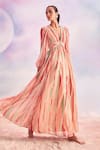Shop_House of eda_Pink Shell 100% Viscose Stripe V Neck Nacia Pattern Dress _Online_at_Aza_Fashions