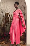 Shop_House Of Fett_Pink Satin And Lurex V Neck Attached Drape Gown With Quilted Belt _Online_at_Aza_Fashions