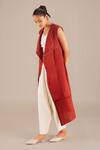 Buy_Ampm_Orange Linen Embroidery Collared Sleeveless Jacket And Pant Set_Online_at_Aza_Fashions