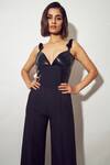 Sameer Madan Black Jersey, Faux Leather Sweetheart Neck The Willow Jumpsuit Online at Aza Fashions Sameer Madan_Black Jersey, Faux Leather Sweetheart Neck The Willow Jumpsuit _Online_at_Aza_Fashions