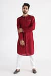 Buy_Smriti by Anju Agarwal_Bundi- Linen Satin Embroidered Red And Thread Ahmar Leaf & Kurta Set _Online_at_Aza_Fashions