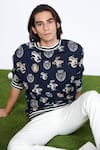 S & N By Shantnu Nikhil_Blue Viscose, Polyester, Faux Leather Sncc Logo Embellished Sweatshirt _Online_at_Aza_Fashions