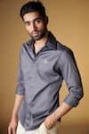 S&N by Shantnu Nikhil_Grey Giza Cotton Plain Crest Placement Embroidered Shirt _Online_at_Aza_Fashions