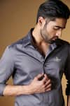 Buy_S&N by Shantnu Nikhil_Grey Giza Cotton Plain Crest Placement Embroidered Shirt _Online_at_Aza_Fashions