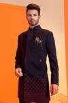 S&N By Shantnu Nikhil_Blue Wool, Viscose, Polyester Embroidery Tribal Sherwani_Online_at_Aza_Fashions