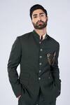S&N by Shantnu Nikhil_Green Poly Blend Embroidered Faux Leather Metallic Gold Buttons Bandhgala_Online_at_Aza_Fashions