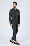 Shop_S&N by Shantnu Nikhil_Green Poly Blend Embroidered Faux Leather Metallic Gold Buttons Bandhgala_Online_at_Aza_Fashions