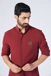 S&N by Shantnu Nikhil_Red Poly Blend Embroidered Crest Button Down Shirt Kurta_Online_at_Aza_Fashions