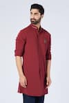 Buy_S&N by Shantnu Nikhil_Red Poly Blend Embroidered Crest Button Down Shirt Kurta_Online_at_Aza_Fashions