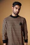 S&N By Shantnu Nikhil_Beige Crepe, Faux Leather Embroidery Geometric Print Ribbed Neck Kurta_Online_at_Aza_Fashions
