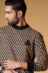 Shop_S&N By Shantnu Nikhil_Beige Crepe, Faux Leather Embroidery Geometric Print Ribbed Neck Kurta_Online_at_Aza_Fashions