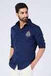Buy_S&N By Shantnu Nikhil_Blue Viscose, Lycra Embroidery Placement Crest Work Tab Sleeve Shirt_Online_at_Aza_Fashions