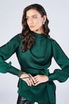 S&N by Shantnu Nikhil_Emerald Green Soda Satin Embellished Rivets High Neck Bishop Sleeve Top _Online_at_Aza_Fashions