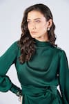 Buy_S&N by Shantnu Nikhil_Emerald Green Soda Satin Embellished Rivets High Neck Bishop Sleeve Top _Online_at_Aza_Fashions