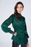 Shop_S&N by Shantnu Nikhil_Emerald Green Soda Satin Embellished Rivets High Neck Bishop Sleeve Top _Online_at_Aza_Fashions