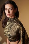 S&N by Shantnu Nikhil_Gold Sandwash Foil And Faux Leather High Neck One Shoulder Metallic Draped Top _Online_at_Aza_Fashions