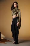 Buy_S&N by Shantnu Nikhil_Gold Sandwash Foil And Faux Leather High Neck One Shoulder Metallic Draped Top _Online_at_Aza_Fashions